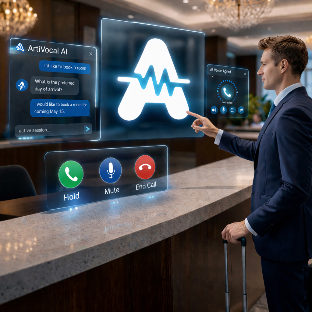 Futuristic hotel booking experience with AI voice agent and webchat